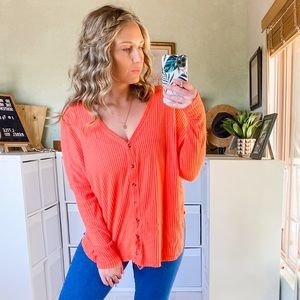 Urban Outfitters Coral Oversized Button Front Thermal Top Long Sleeve Small